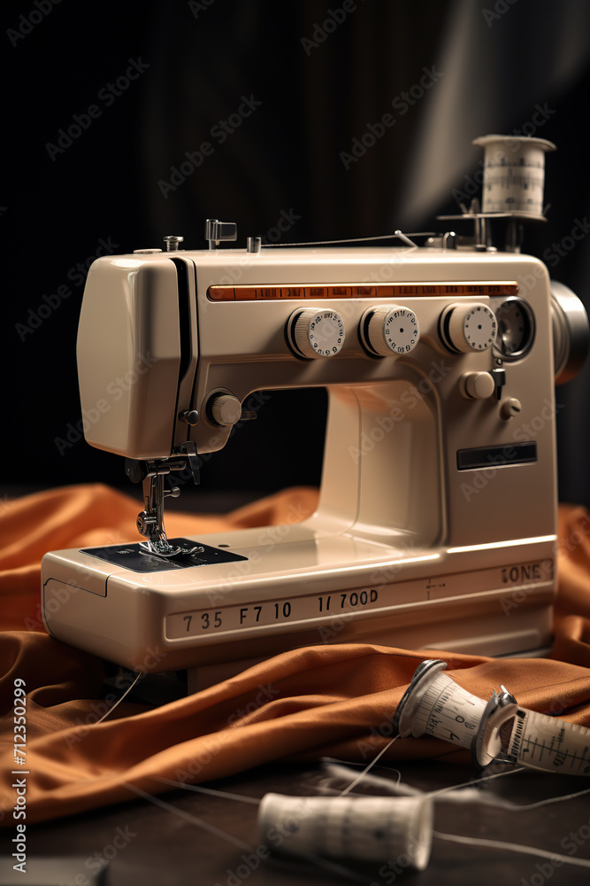 Sewing machine on fabric background, closeup. Tailoring concept