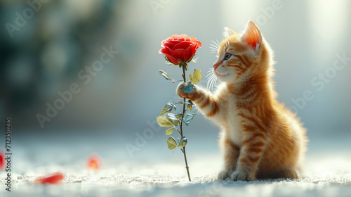 Cute cat with a big red rose for valentines day generative ai