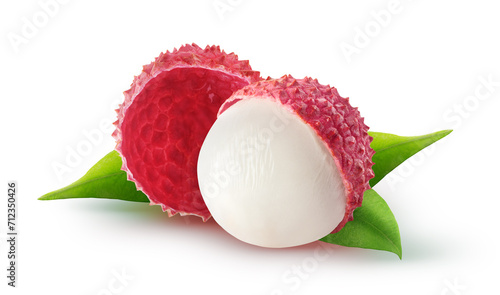 Isolated lychee. Peeled lychee fruit with leaves isolated on white background