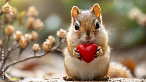 Cute squirrel holding a big red heart  Happy valentine s Day generative ai