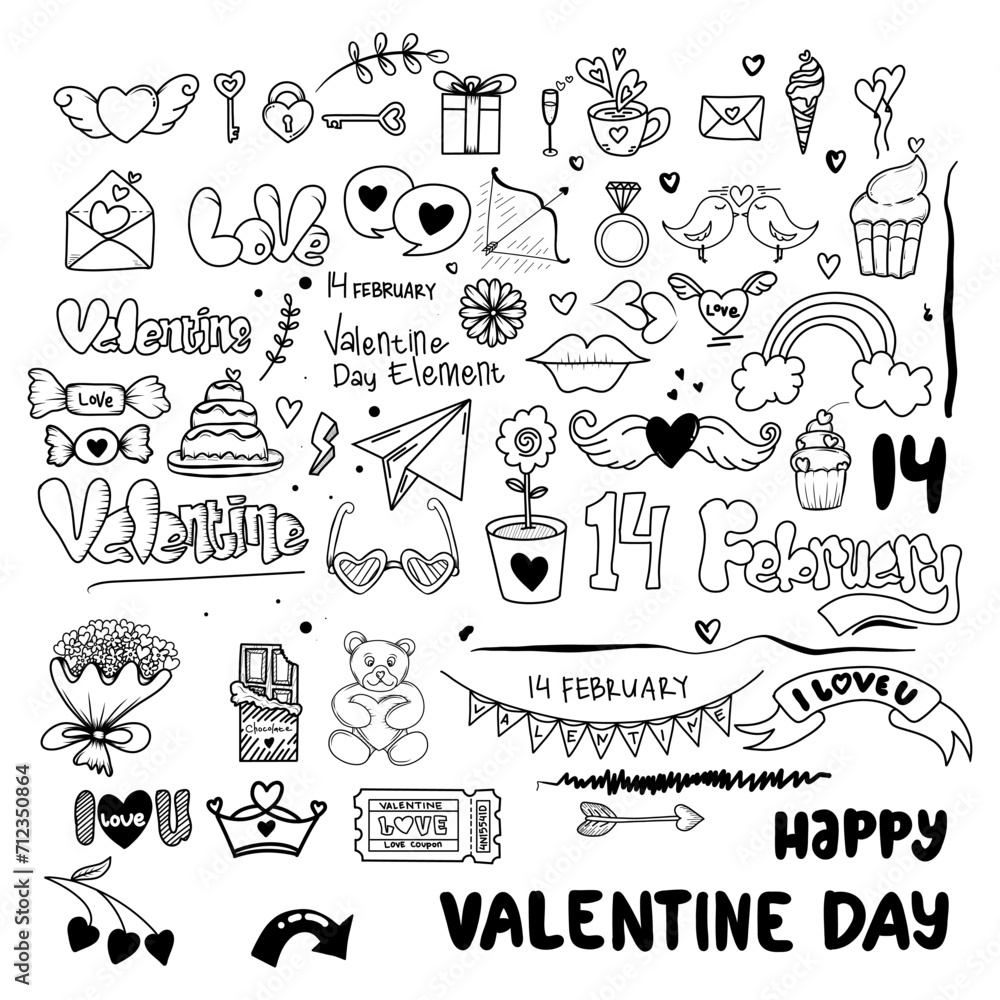 Hand drawn happy valentine day doodle cute elements.