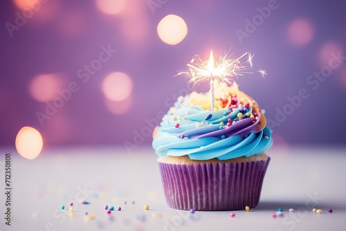 Delicious cupcake with blue icing with bokeh lighting background