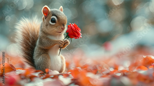 Cute squirrel holding a big red rose generative ai 