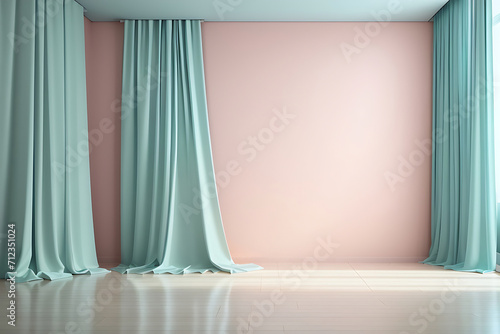 Mock-up 3D rendering. Aqua empty wall in the room with Pastel silk curtain drapes. Template for product presentation. Living, gallery, studio, office concept.