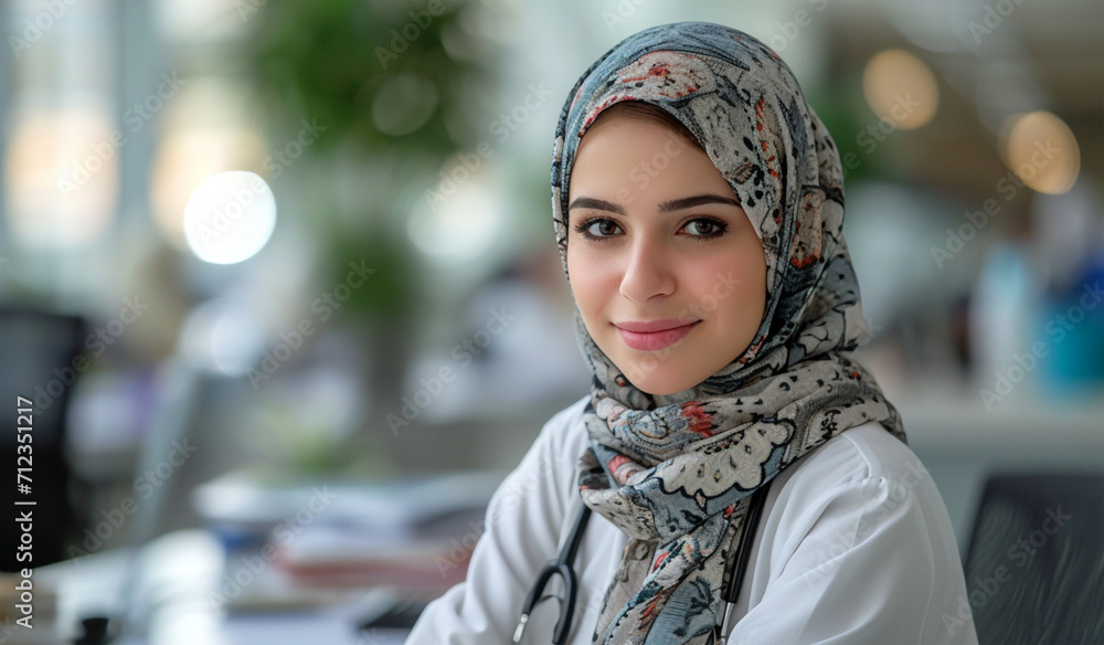 A portrait of muslim arabian female doctor at her desk. Generative AI A portrait of muslim arabian female doctor at her desk. Generative AI