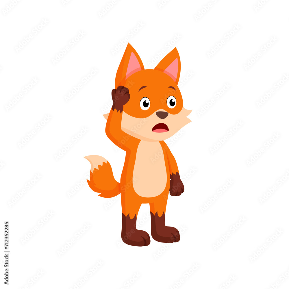 Cute Little Cartoon  Fox Worried Hand on Head Vector Illustration
