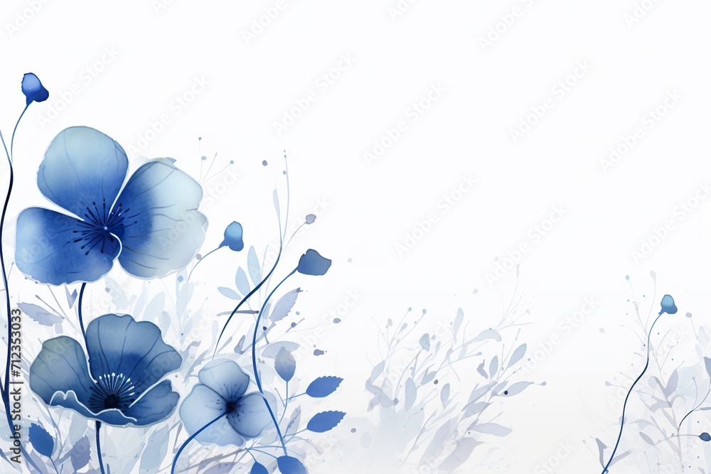 Abstract floral art background vector. Botanical watercolour hand painted gentle blue flowers and leaf branch with line art on white background, free copy space