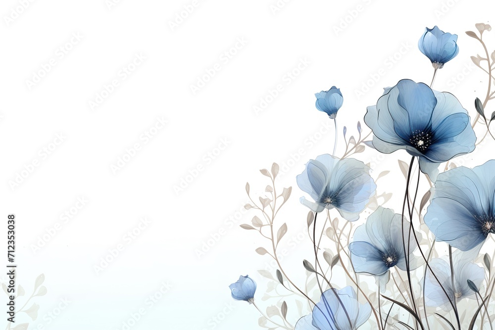 Abstract floral art background vector. Botanical watercolour hand painted gentle blue flowers and leaf branch with line art on white background, free copy space - obrazy, fototapety, plakaty 