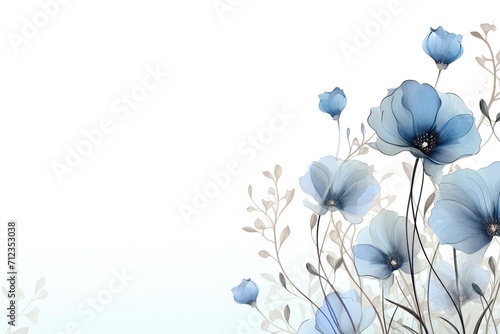 Abstract floral art background vector. Botanical watercolour hand painted gentle blue flowers and leaf branch with line art on white background, free copy space
