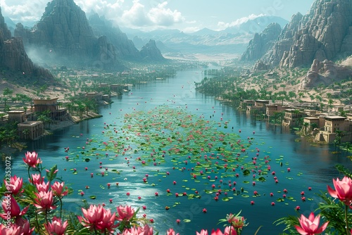 Ariel shot, Pilgrims release lotus flowers into the sacred Nile, honoring both the river and their beliefs. cinematic, unreal engine photo