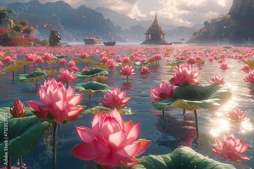 Ariel shot, Pilgrims release lotus flowers into the sacred Nile, honoring both the river and their beliefs. cinematic, unreal engine