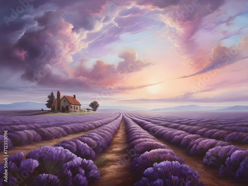 Lavender field with a house in the background at sunset.