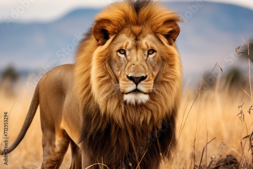 A big lion walking on the background of the savannah. Africa © Александр Лобач