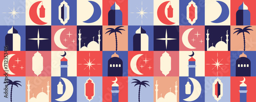 Background for the blessed holiday of Ramadan Kareem, Raya Hari, Eid al-Adha. Arabic postcard. Vector illustration. Isolated. Mosque. Modern geometric shapes in brutalist style. y2K