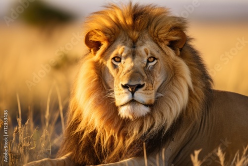 A large lion lying on the grass against the background of the savannah