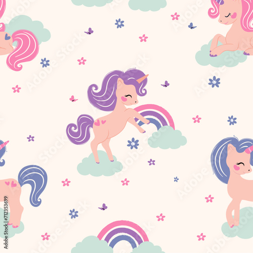 Childish seamless pattern with cute unicorns, flowers and rainbow. Creative vector childish background for kids artworks.