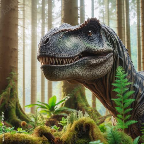 Headshot of dinosaur with plants in forest  white background. ai generative