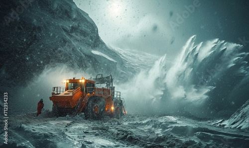 Engineers working in challenging heavy snow weather. © Mangsaab