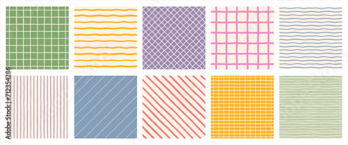 Hand drawn geometric seamless regular patterns set, collection. Doodle, uneven artistic lines, straight and diagonal pinstripes, stripes, bars, streaks, waves. Check, plaid, striped square backgrounds