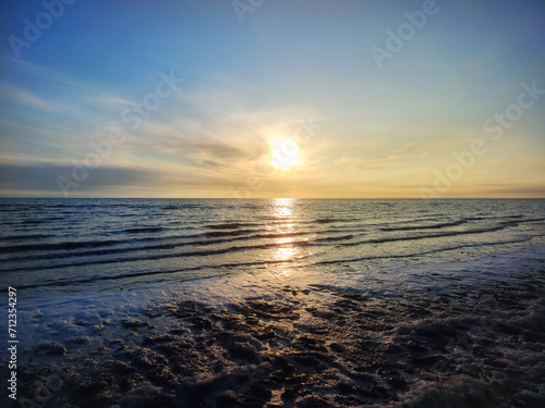 beautiful sunrise with a bright sun over the Aral Sea. in Karakalpakstan  Uzbekistan