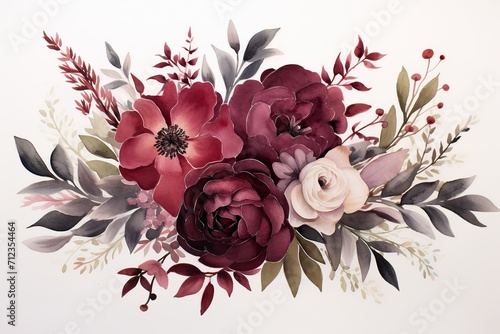 Experience the timeless beauty of lush burgundy florals paired with dark foliage in a classic watercolor painting. Perfect for any elegant design project photo