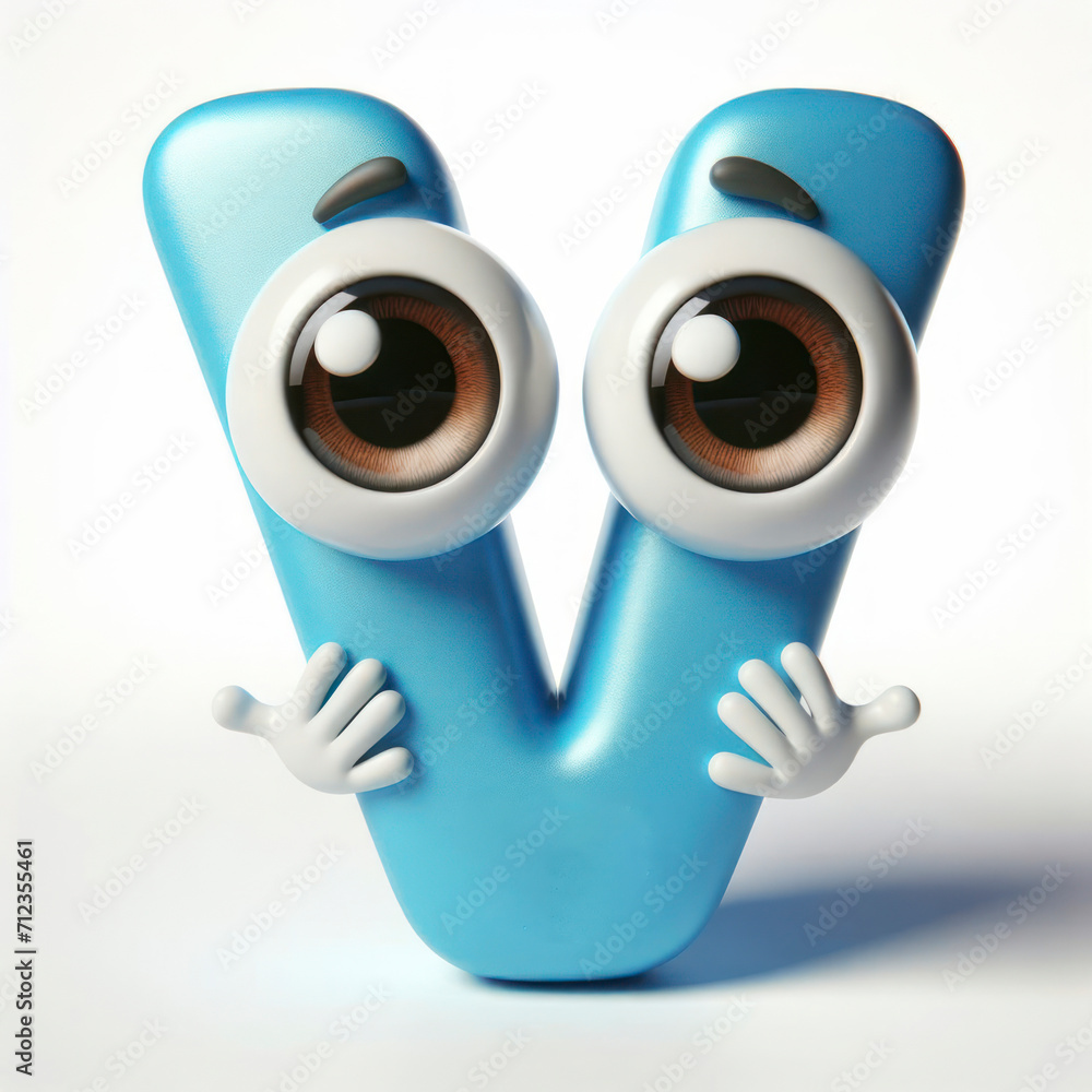 Fototapeta premium little cute happy letter V 3d character with bulging eyes on solid a white background. ai generative