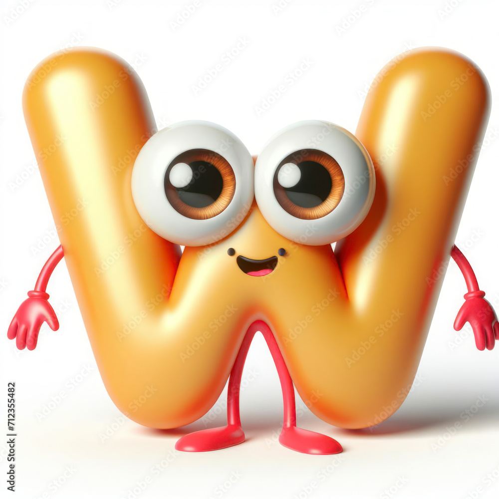 Fototapeta premium little cute happy letter W 3d character with bulging eyes on solid a white background. ai generative