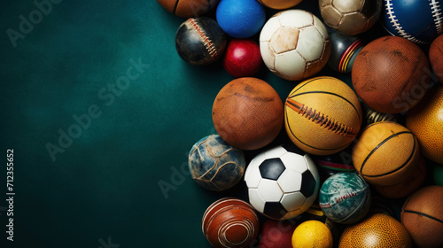 Variety of sports balls on green background  top view. Copy space. Sport advertising concept. Generative AI