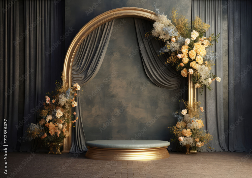 A captivating indoor photo backdrop with dark plants, a wedding column, and a blank wall, setting the stage for elegance