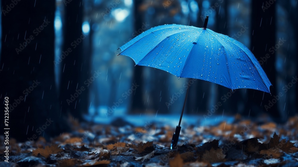 Blue umbrella in the autumn forest. Neural network AI generated art