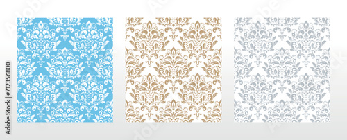 Wallpapers in the style of Baroque. Seamless vector backgrounds. Set of colored floral ornaments. Graphic patterns for fabric, wallpaper, packaging. Ornate Damask flower ornaments