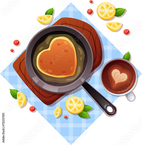 Frying pan with pancake fried in oil, cappuccino cup, fruits and berries on tablecloth. Vector illustration of traditional breakfast, Pancake Day