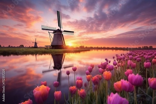 Enchanting fairyland with picturesque windmills and tulips in Kinderdijk, Netherlands during sunrise. Generative AI #712357220