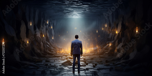 A man walking into a tunnel with a fire coming out of it
