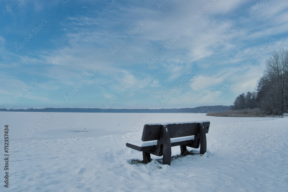 Bench in Winter - Bank am See -  Winter - Cold - Background - Black - White - Landscape - Water - Lake - River - Concept - Snow 