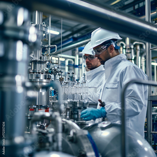 Two engineers in lab coats and safety helmets are working attentively with complex machinery in an industrial chemical plant.
 photo