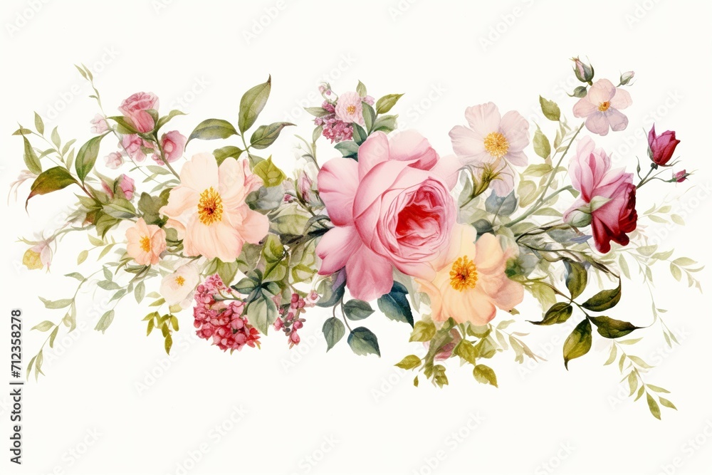 Roses and blooms, wedding decoration, rectangle border, white background