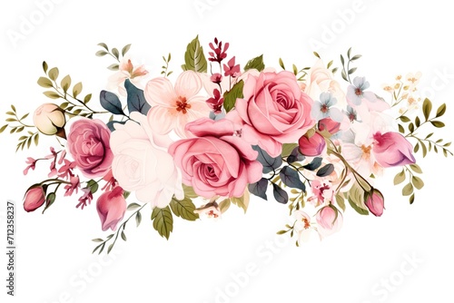 Roses and blooms, wedding decoration, rectangle border, white background © TIYASHA