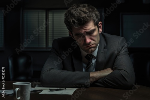 A bored sad man in a formal suit on a dark background