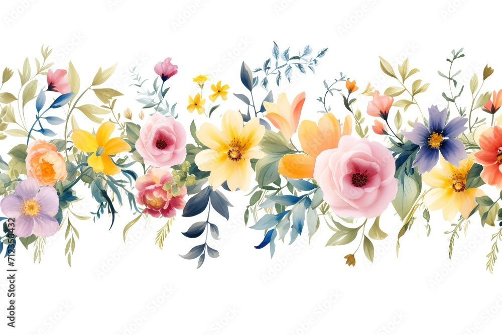 Seamless floral border. Isolated fresh flowers on white background. Seamless repeat pattern for poster, greeting cards, wedding invitation, headers, baner, website. Digital art