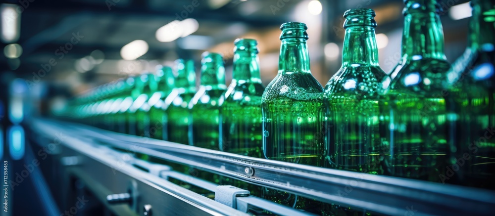drinks in bottles, conveyor belt view, beverage factory interior, production line drinks in bottles, conveyor belt view, beverage factory interior, production line