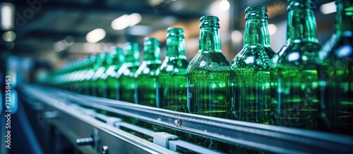 drinks in bottles, conveyor belt view, beverage factory interior, production line