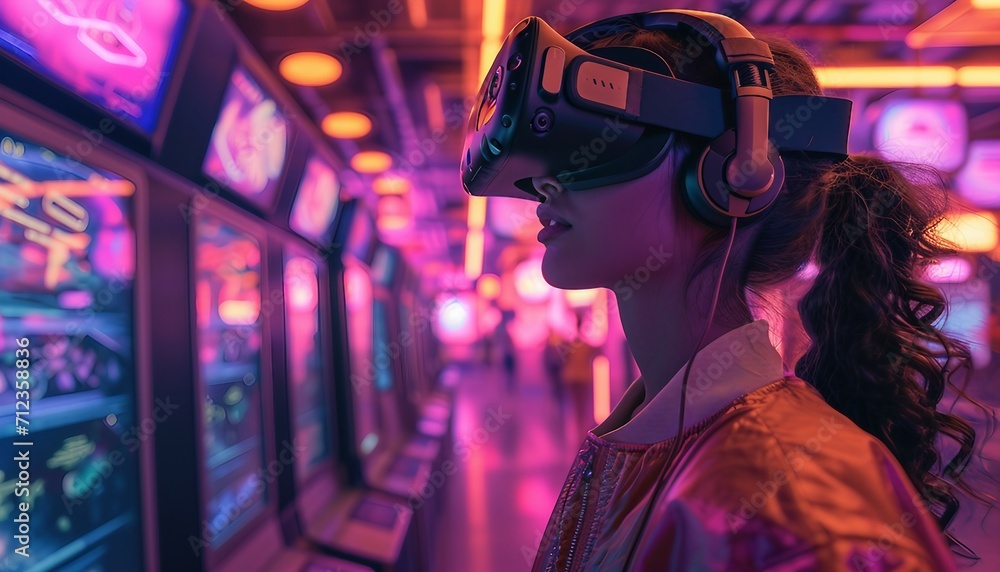 business focused on virtual reality experiences, showcasing immersive technology, interactive simulations, and the excitement of cutting-edge entertainment in a virtual world. generative business focused on virtual reality experiences, showcasing immersive technology, interactive simulations, and the excitement of cutting-edge entertainment in a virtual world. generative