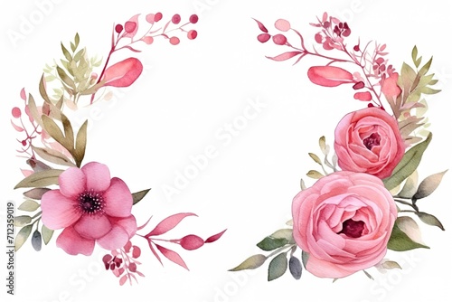 Watercolor invitation design with pink garden roses, leaves. frame, wreath with flowers, herbs. botanic Template, without text © TIYASHA