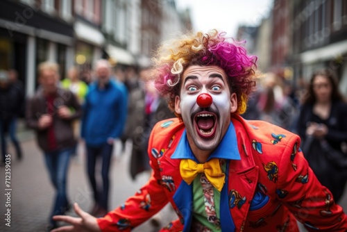 Funny funny clown in a bright costume on a city street