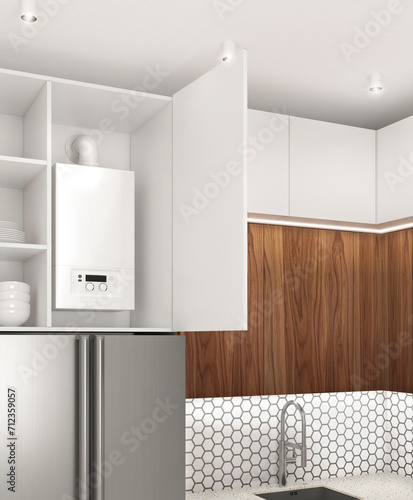 Open kitchen cabinet and gas boiler - hidden boiler inside furniture. 3d illustration
