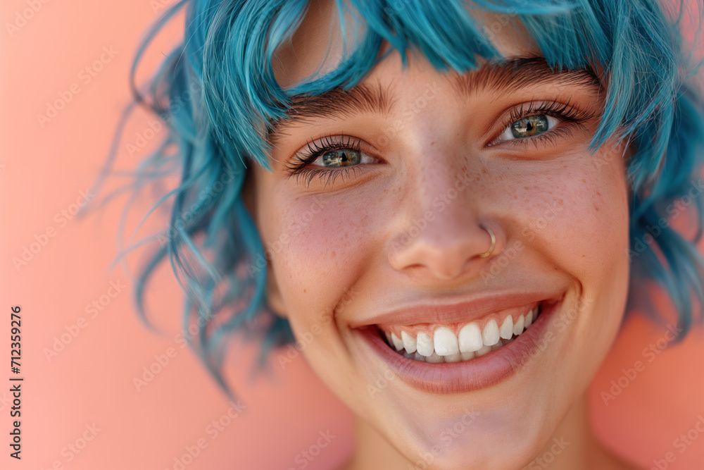 Portrait of girl smile with Trendy Turquoise Hair and white teeth for dental ads
