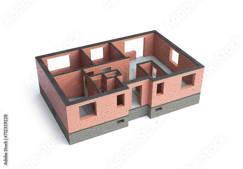 Building a brick house. House frame. 3d illustration