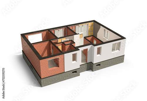 Home construction. Insulation of walls inside and outside.Floor plan of the house, top view. 3d illustration