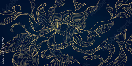 Vector art deco flower pattern, gold line luxury background, floral leaves texture, elegant plant illustration. Nature drawing wallpaper.